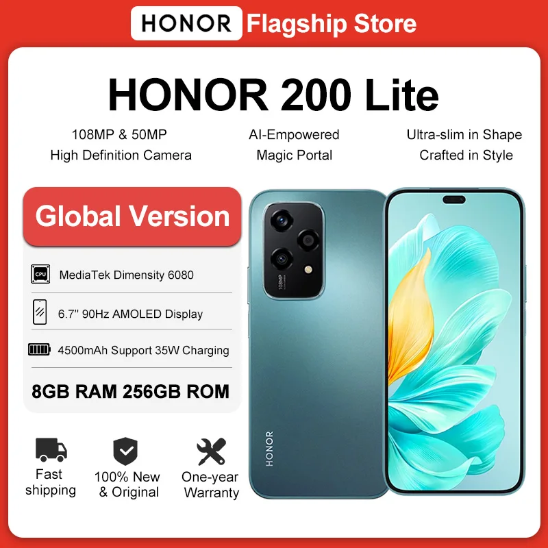 HONOR 200 Lite Versione Globale Smartphone 5G Display AMOLED 6.7 90Hz Mediatek Dimensity 6080 Fotocamera Principale 108MP Batteria 4500mAh