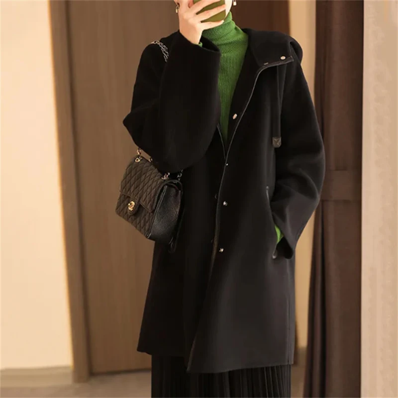 Autumn Winter Woolen Jacket Women New Loose Drawstring Hooded Coat Pure Colour Outerwear Fashion Covered Button Overcoat Female