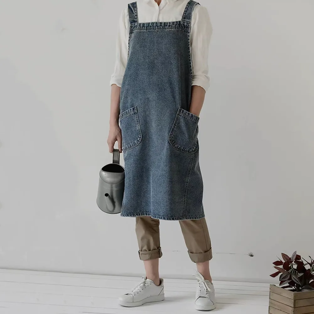 Neutral style pullover washed denim anti-fouling apron,Simple style,100% cotton,Large size,One-size,Kitchen apron,Work apron