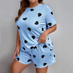 Summer Women's Pajamas Sets Heart Print Round Neck Short Sleeve T-shirt Elastic Waist Shorts Lady Oversized Sleepwear Homewear