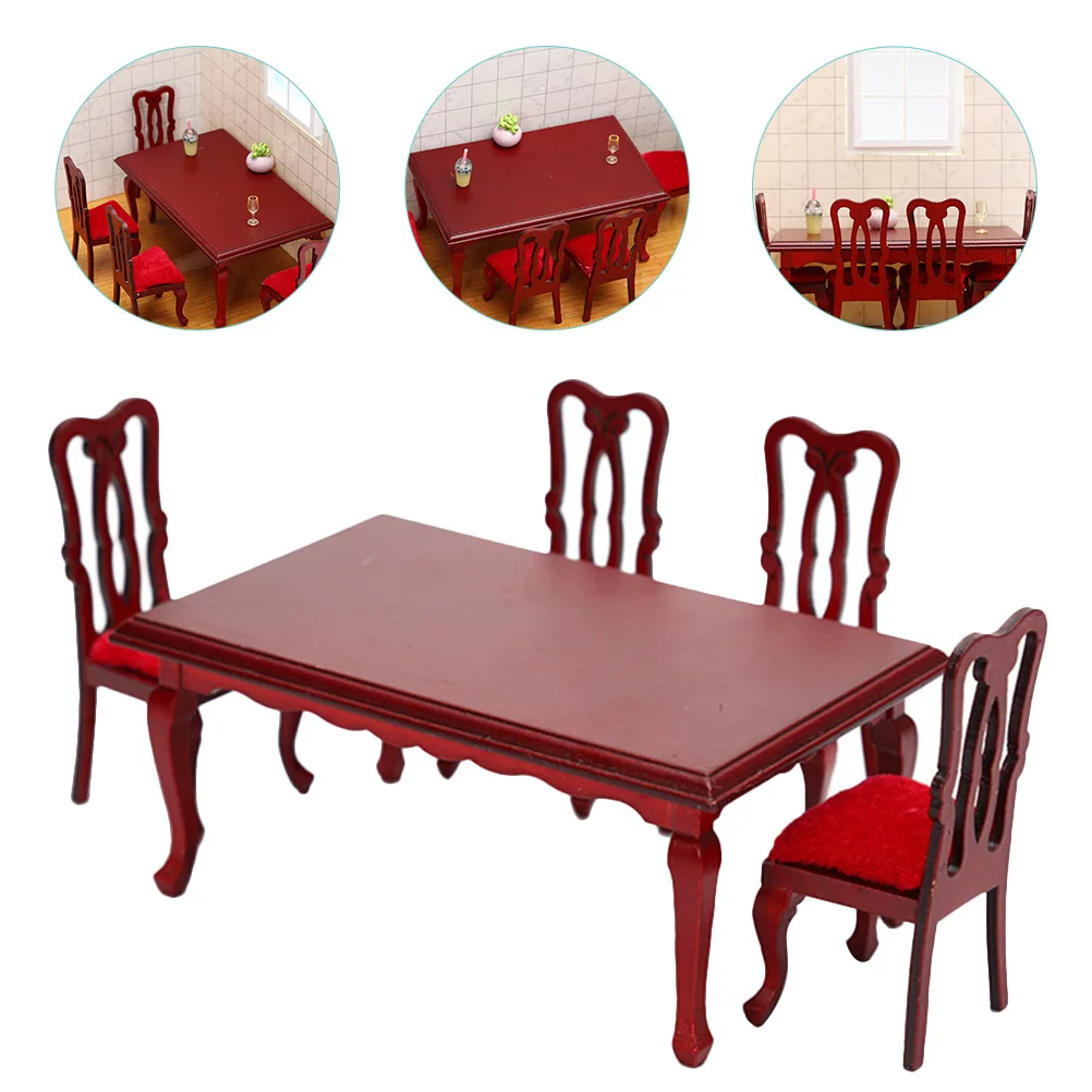 Mini conjunto de cadeiras de jantar de madeira, móveis para casa de bonecas, mesa de brinquedo, decorações vermelhas para crianças, acessórios de cozinha em miniatura para sala de jogos
