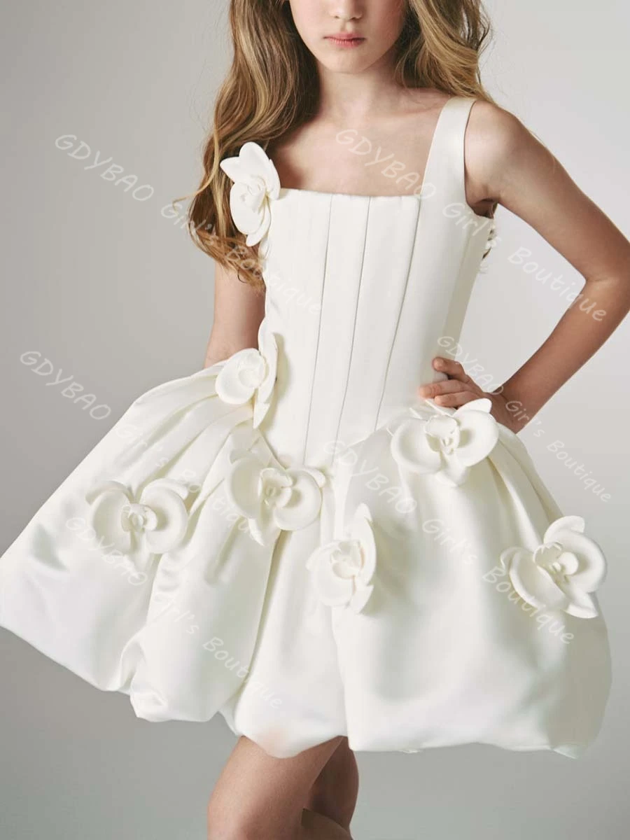 

Ivory Flower Girl Dress for Wedding 3D Flower Mini Fluffy Tutu Spaghetti Strap Princess Pageant Dress Customized Kids Party Gown