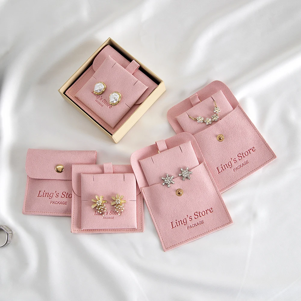

20/50/100Set Custom Logo Jewelry Microfiber Snap Bag 8x8cm Button Pouch Insert 6x6cm Earring Stud Pad Necklace Card Can Debossed