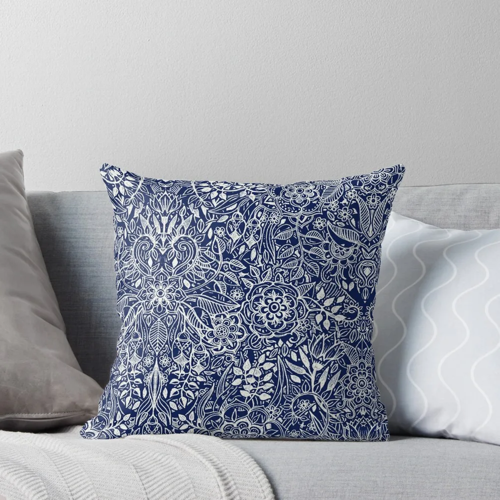 

Detailed Floral Pattern in White on Navy Throw Pillow Sofa Cushions Covers Sofa Covers For Living Room bed pillows pillow