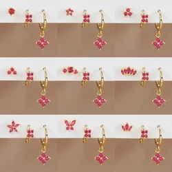 3PCS/Set New Stainless Steel Rose Red Zircon Flower Dangle Earring for Women 18K Gold Plated Huggie Pendant Piercing Jewelry