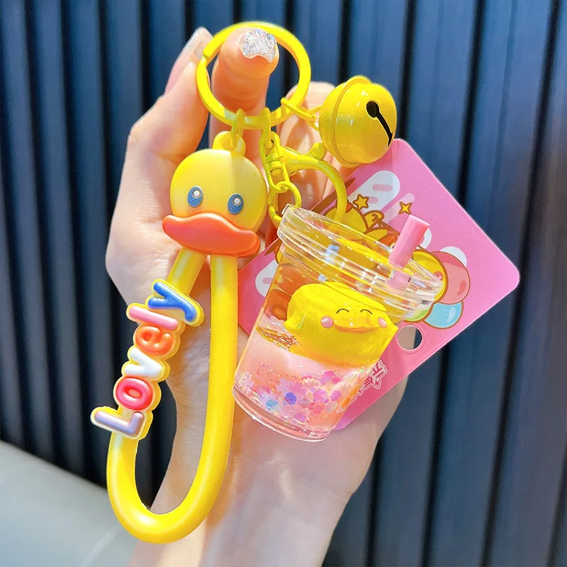 Creative Floating Yellow Duck Into Oil Milk Tea Cup Liquid Key Chain Lovely Moving Cherry Blossom Sequin Quicksand Bird Keychain