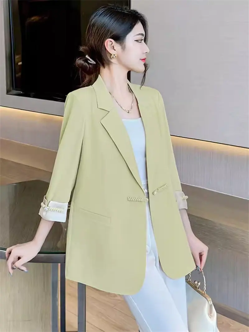 New Chinese Style Suit Jacket For Women Spring/Summer 2024 Fashion Retro Button Up Oversized Casual Blazer Coat Top K1691