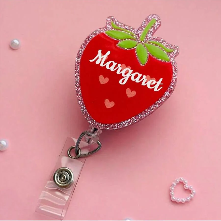 Personalized Strawberry Badge Reel, Custom ID Holder
