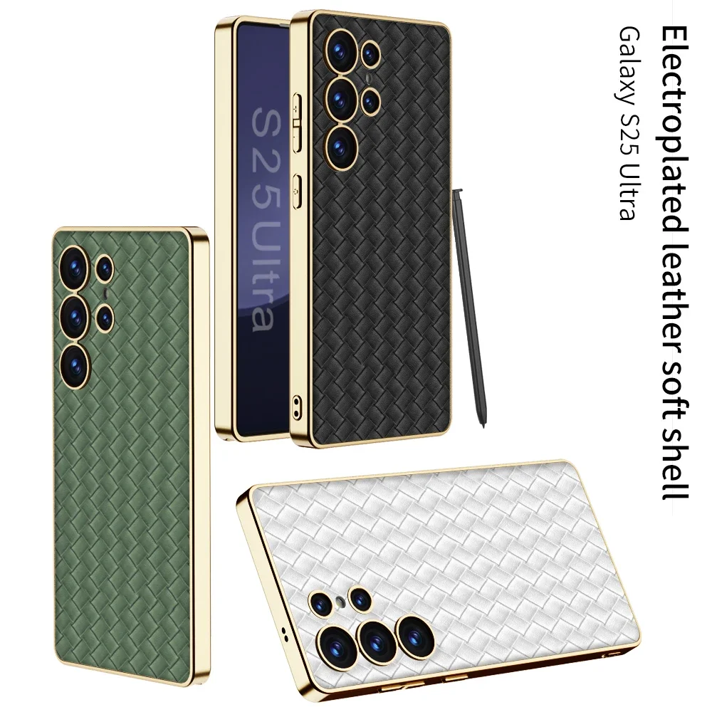 

Woven Leather Slim Case For Samsung Galaxy S25 S24 Ultra Luxury Plating Soft TPU Edge Protective Cover For Galaxy S25 Ultra Case