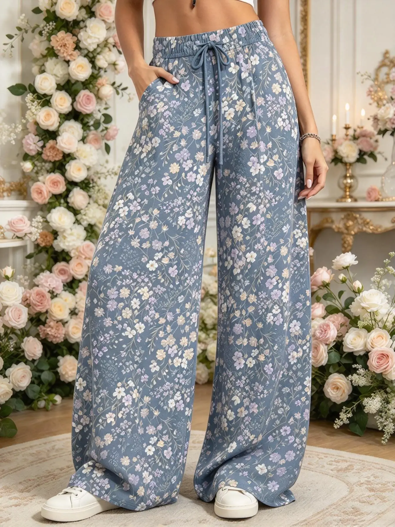 Ladies Low Rise Wide Leg Trousers Boho Mixed Tiny Floral Print Soft Loose Summer Vacation Pants