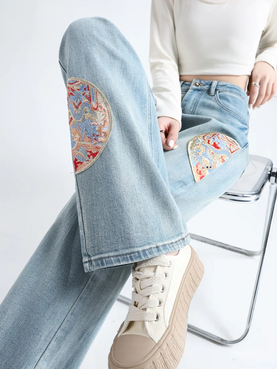 

Джинсы с высокой талией и прямыми штанинами, женские, летние, модные, с вышивкой, джинсовые брюки в пол, в китайском национальном стиле, тренд