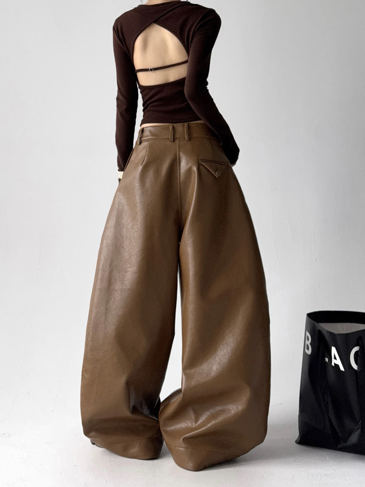 Trendy High Waist PU Leather Casual Pants Women's Original Design Autumn Winter New Sle Slimming Loose Wide Leg Pants