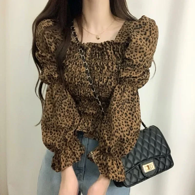 New Fashion Leopard Printing Blouse Women Long Puff Sleeve Women\'s Shirts Square Collar Woman Tops Chic Lady Clothes 8197