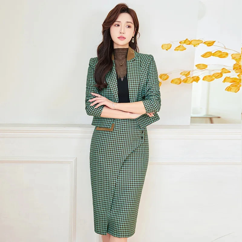 Office Plaid Outfits Blazer And Skirt For Women Green Black Double Breasted Fashion 2 Piece Set Business Elegant Lady Skirt Suit