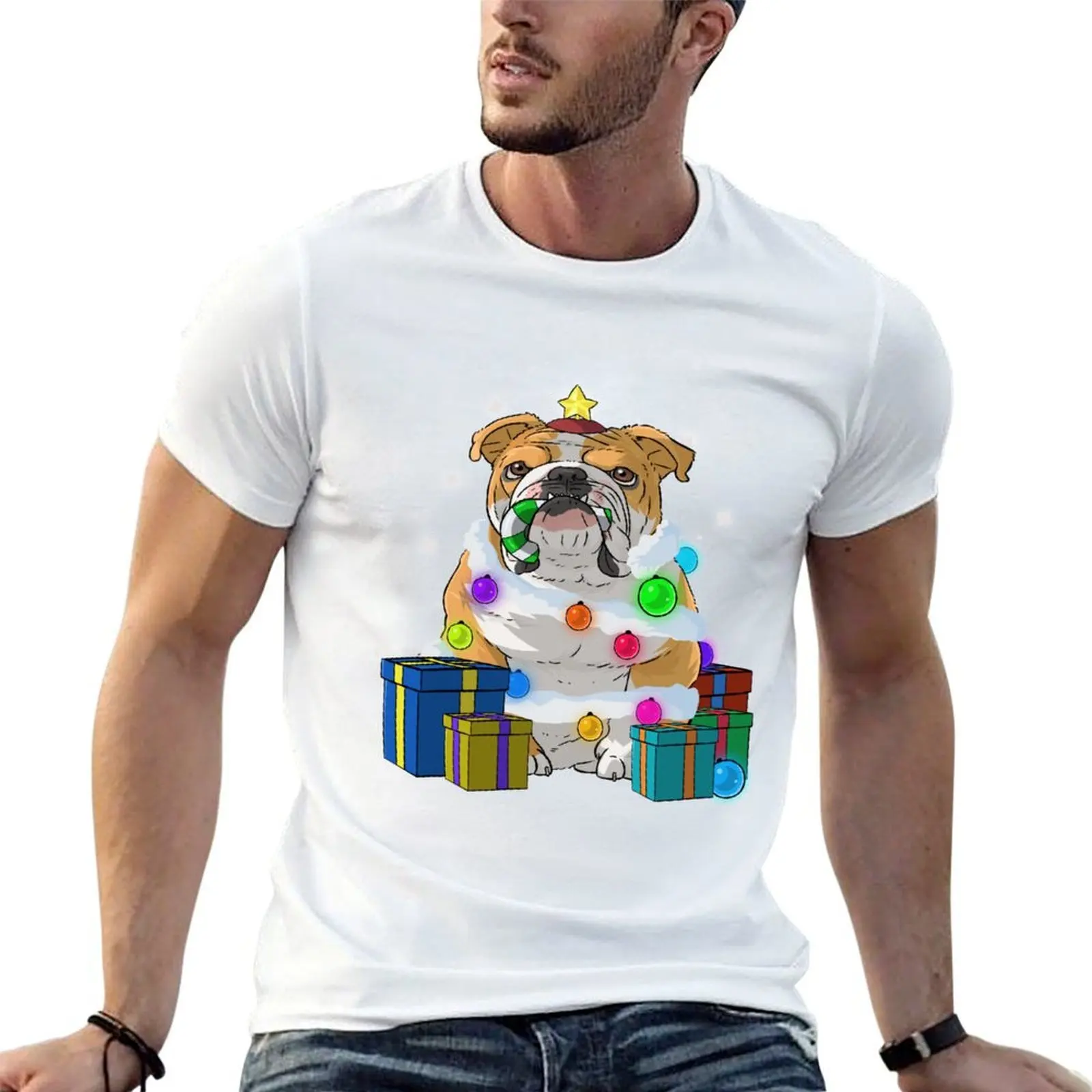

English Bulldog Christmas Tree T-Shirt man t shirt heavy cotton t shirts with prints T-Shirt