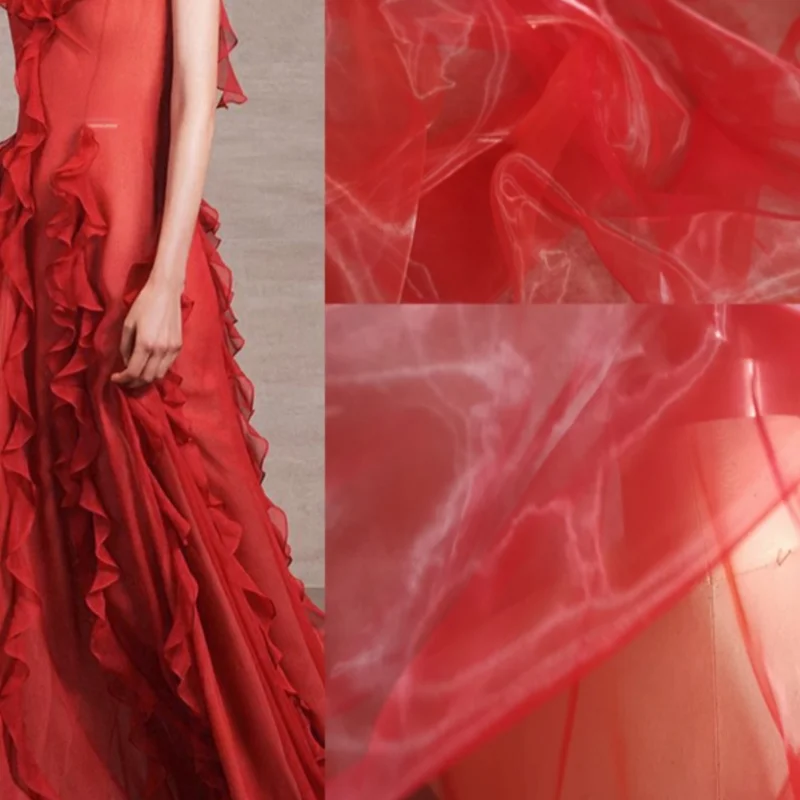 No9 Large Red High-density Organza Encrypted Silky Smooth Transparent Fluffy Skirt Veil Designer Fabric