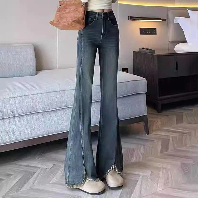 Retro Blue High Waist Flare Pants for Women Summer New Rough Edge Slim Long Jeans Ladies Fashion Pocket Decor Full Denim Pants