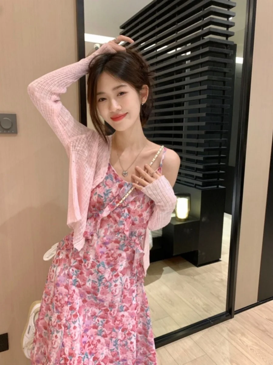 

Elegant Floral Print Chiffon Summer Dress Women's High-End Slimming Fairy Tale Style Strapless Gown Set Fashionable Ensemble