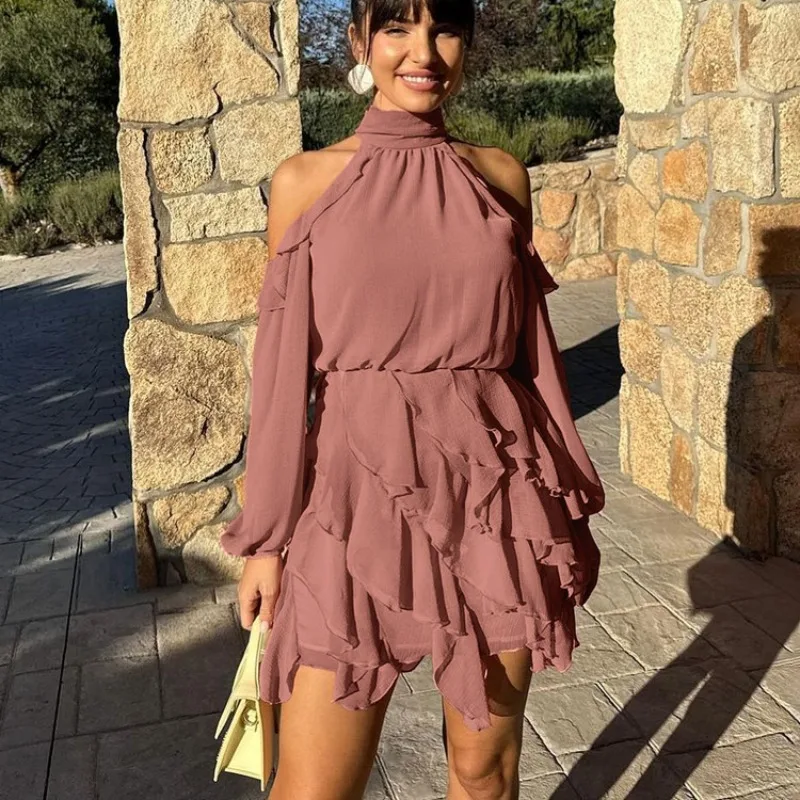 Spring Women Mauve Halter Cold Shoulder Dress Chic Long Sleeve Ruffled Tiered Mini Dress Elegant Party Chiffon A-line Dress