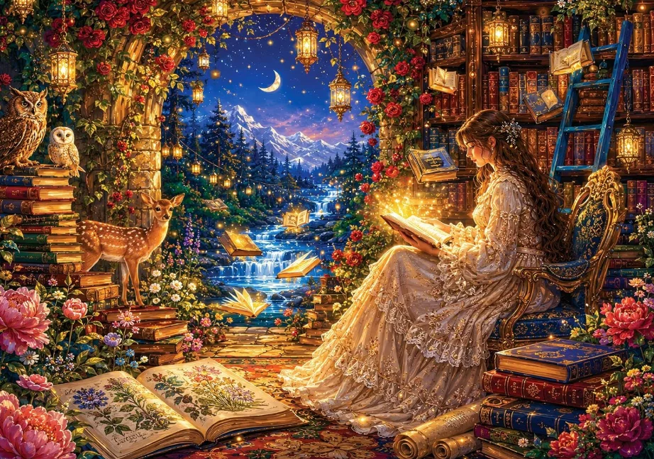 Jigsaw Puzzle 500/1000/1200/2000PCS Fantasy Library Night Scene Girl Reading Book Magical Forest Waterfall DIY Home Wall Decor