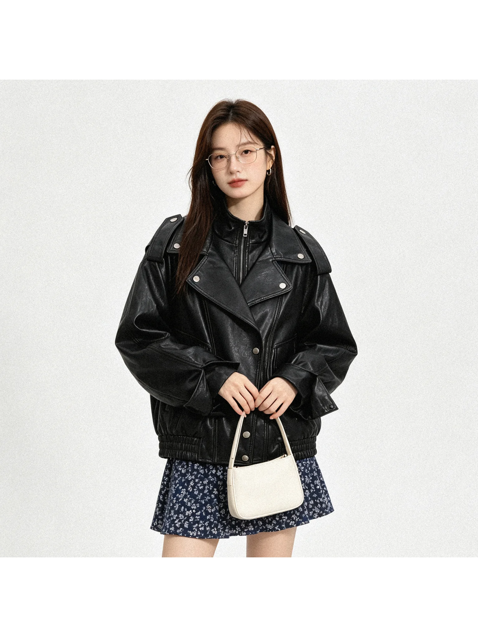 Washed PU Leather Jacket American Retro Style Loose Motorcycle Jacket Stand Collar Fake Two-Piece Short Korean Style Women's ...