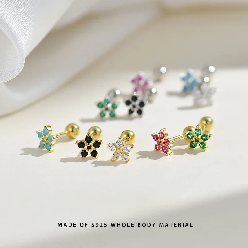 

2024 New S925 Silver Japanese Korean Ins Flower Colored Zircon Earbone Nail Flat Bottom Piercing Ear Cartilage Earring Jewelry