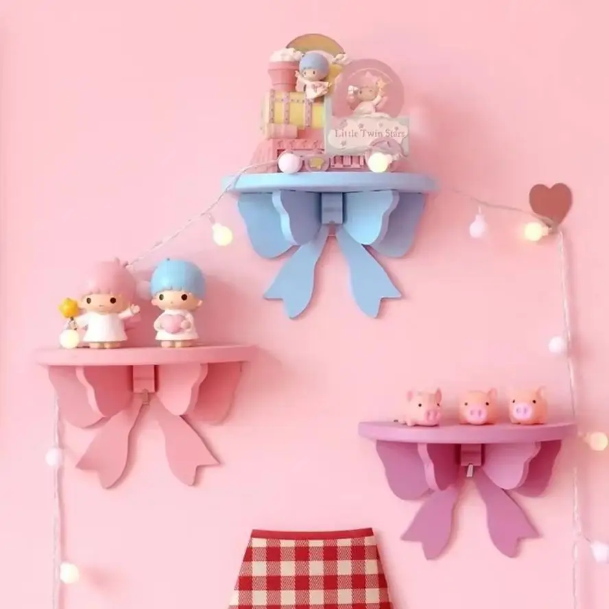 1 Pcs Wooden Decorative Shelves Girls' Room Organizer Holder Pink Wall Shelf Decor Frame Bows Decoration Wooden Storage Rack
