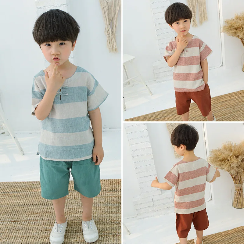 

Summer Boys Stripe Short Sleeve Tang Suit Kids Cotton Ancient Two Piece Set Han Fu Children Chinese Lovely Clothing