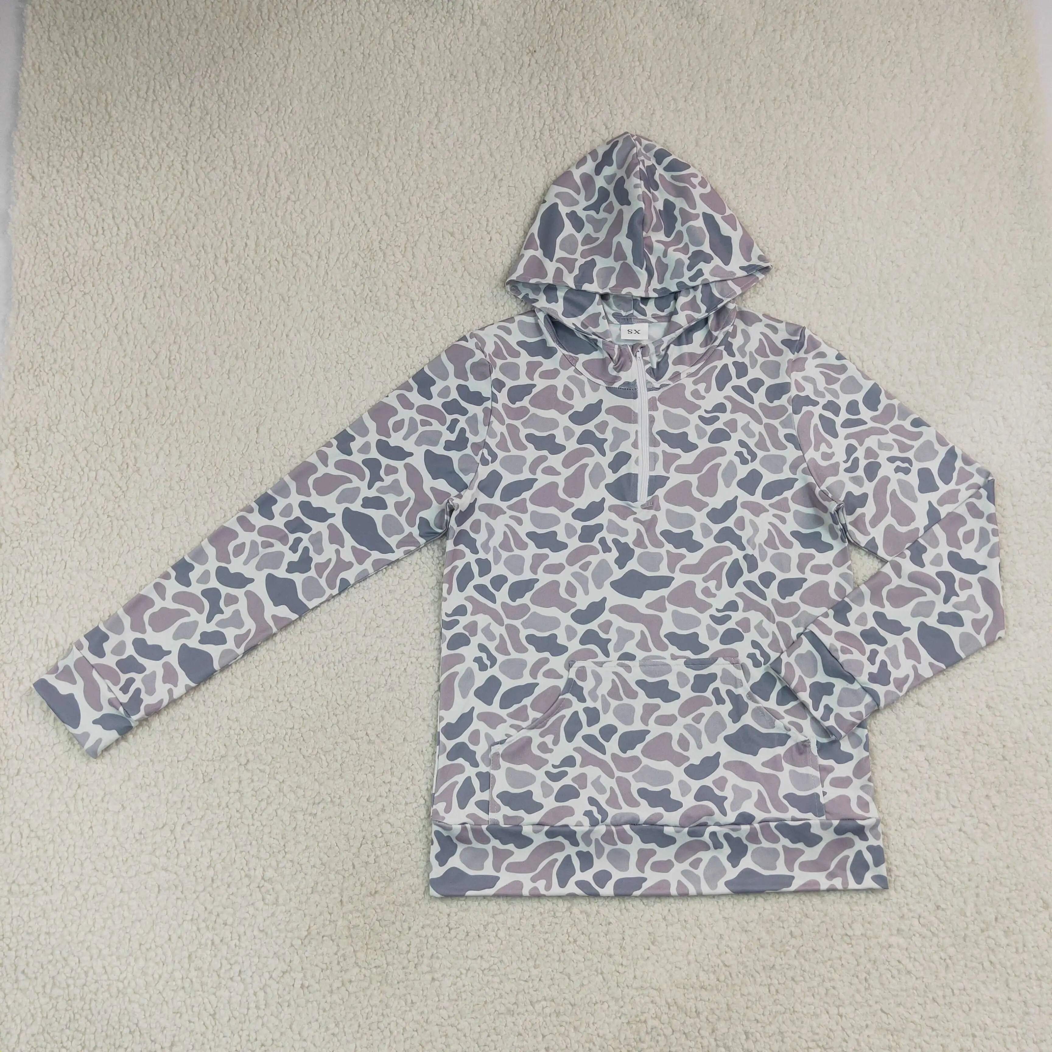 Wholesale Long Sleeves Adult Women Zipper Shirt Grey Camo Print Pocket Pullover Clothing