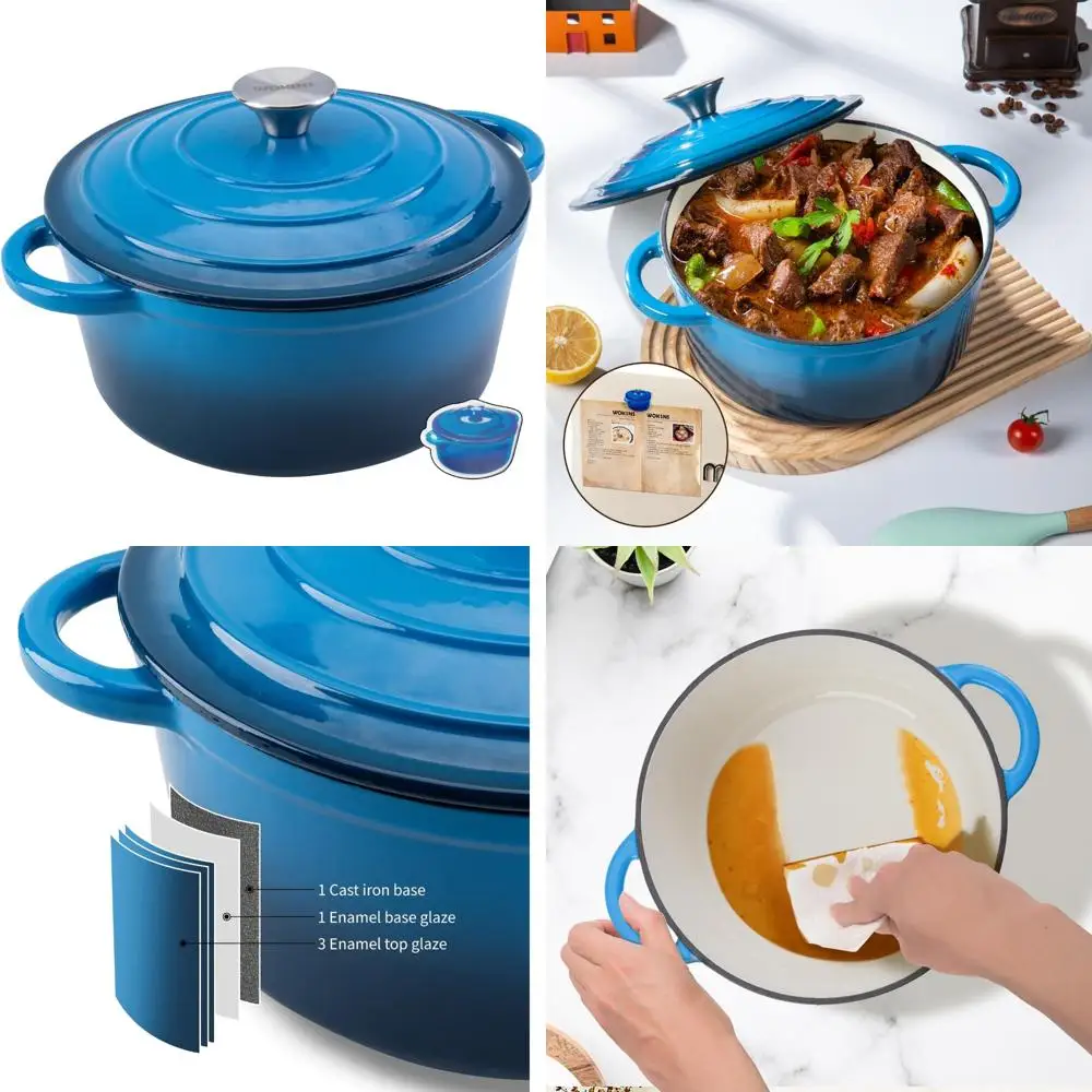 

Heavy-Duty 7-Quart Blue Enamel Cast Iron Dutch Oven Pot with Lid for Bread Baking, Braising, Stews, and Roasting | Perfect for H