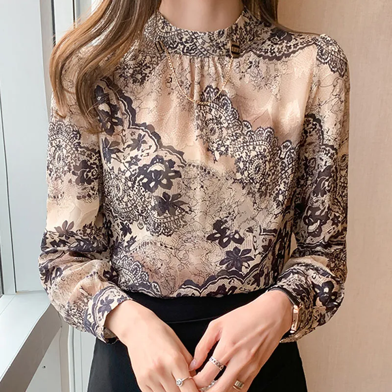 Fashion Stand Collar Women Blouse Print Long Sleeve Chiffon Blouse Shirt Women Tops Camisas Blusa Blusas Camisas De Mujer F701