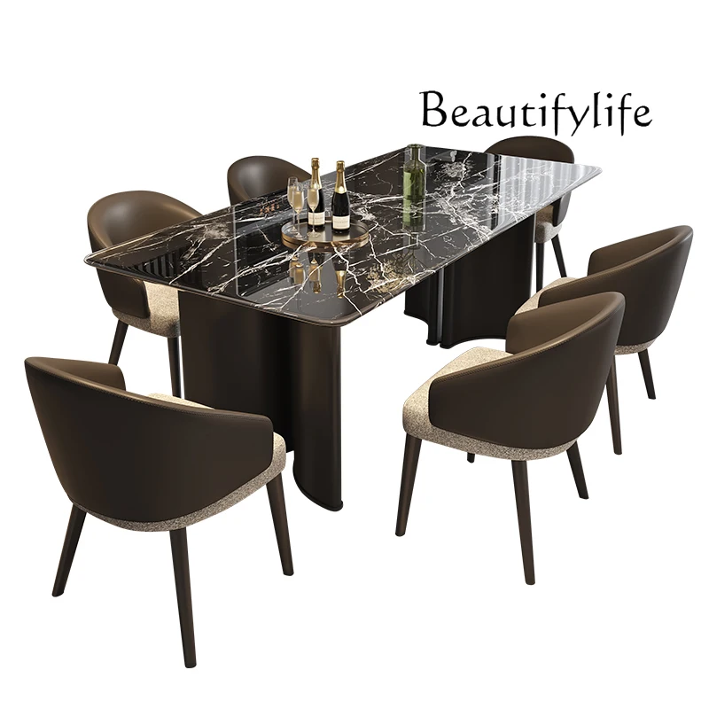 

Modern simple marble dining table and chair combination Italian pattern dining table casual dining table