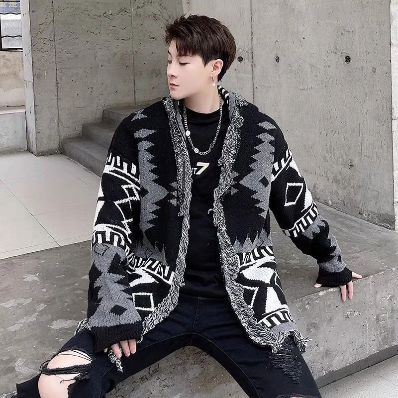 

Осень-зима, новый мужской вязаный кардиган с принтом и кисточками, американский винтажный свободный свободный повседневный легкий верхняя одежда в гонконгском стиле