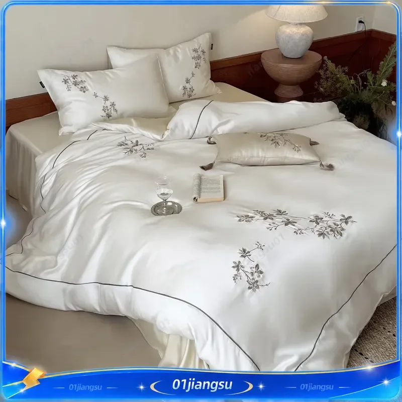 Luxury 600TC Lyocell Eucalyptus Fiber Bedding Set Floral Embroidery Soft Silky Duvet Cover Flat Fitted Sheet Pillowcases Home