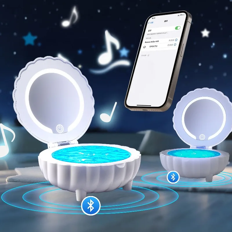 New Shell Ocean Projection Light Bluetooth Speaker Night Light Creative Makeup Mirror Portable Desktop Bedside Light Atmosphere