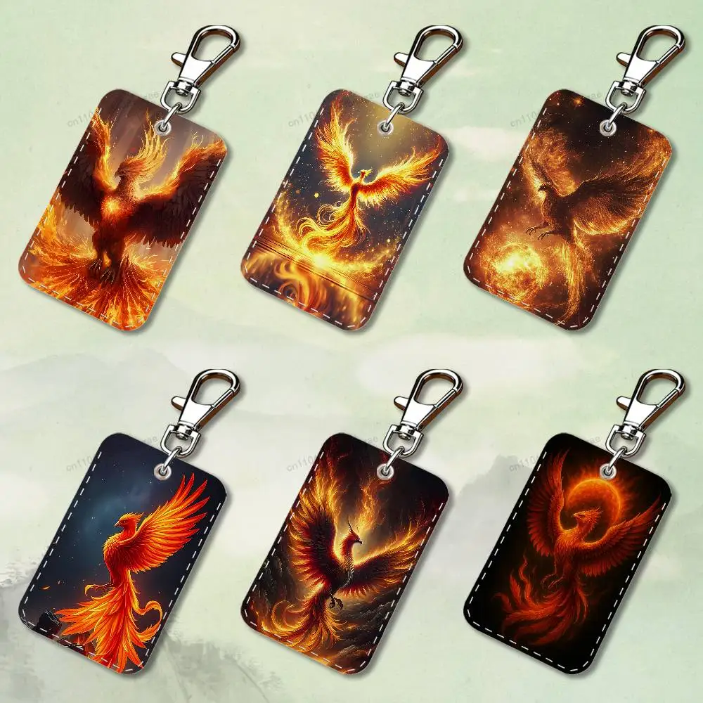 

Myth Art Flame Phoenix Custom Access Card Case Leather Card Holder Keychain Key Ring Transportation Card Case Gifts