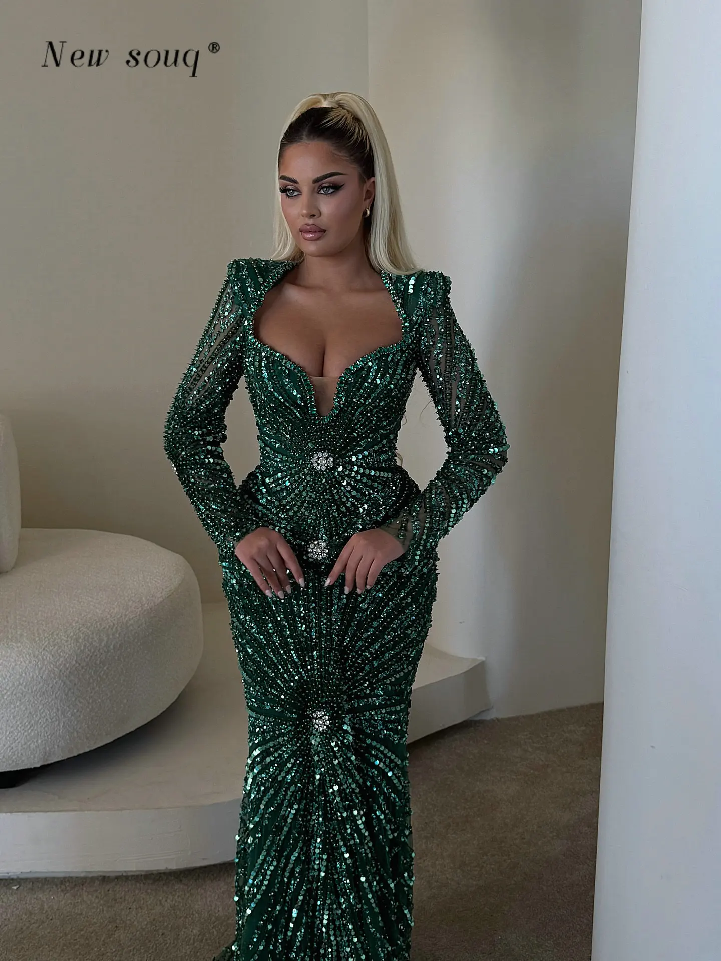 

Блестящие зеленые вечерние платья-русалки с длинными рукавами, арабские макси-платья на заказ для вечеринок, официальные свадебные и выпускные платья