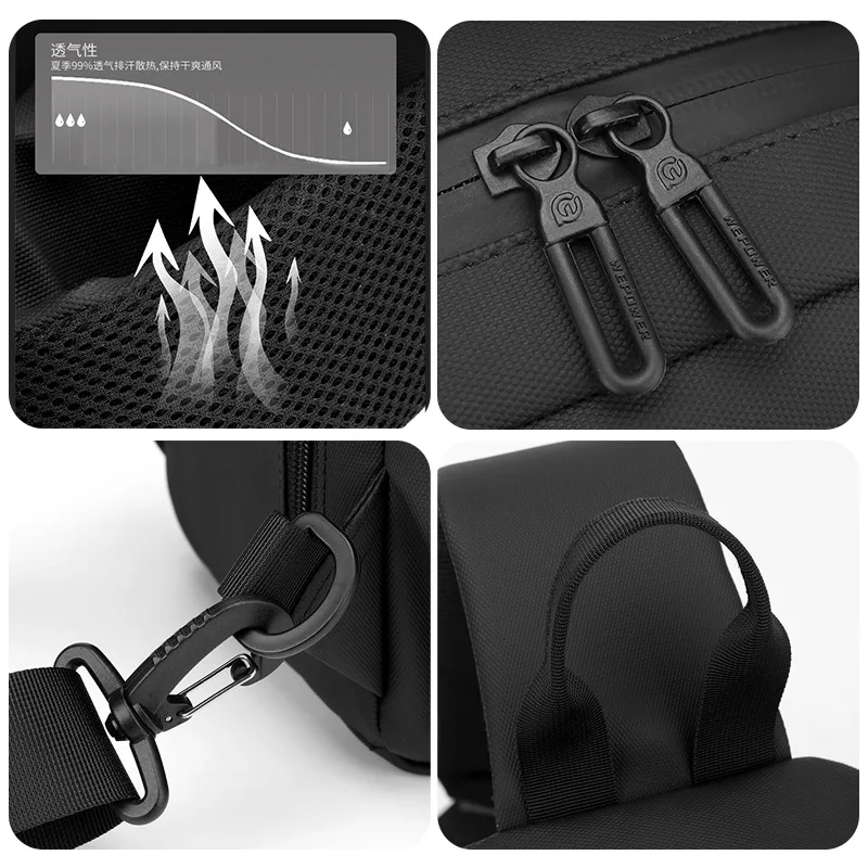 Nylon Waterproof Sling Casual Man Chest Bag Larger Capacity USB Port Running Hiking Shoulder Crossbody Travel Works Daybag