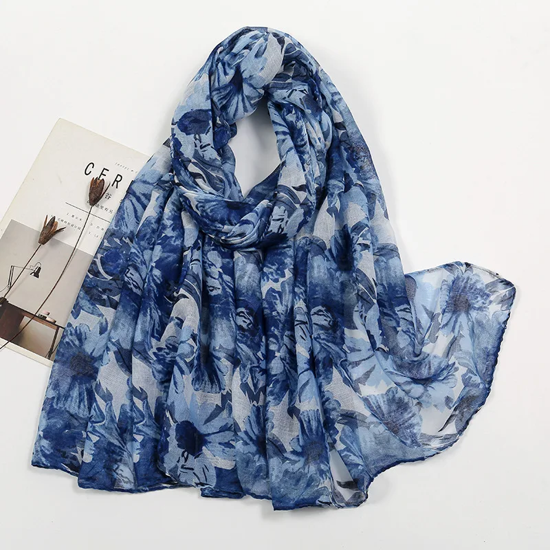 Cotton Linen Scarf for Sun Protection, Floral Print with Soft Touch Scarf, Fashionable and New