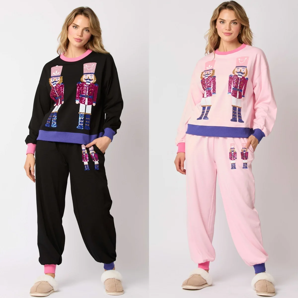 Women'S Christmas Nutcracker Sequins Hoodie Two-piece Set Color Blocked Fashionable Casual Pajamas Party Sweatshirt