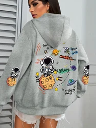 Galaxy And Astronaut Cartoon Printing Hoodies Women O-neck Casual Soft Hoodie Fashion Oversize Hoody Autumn Warm Fleece Hooded