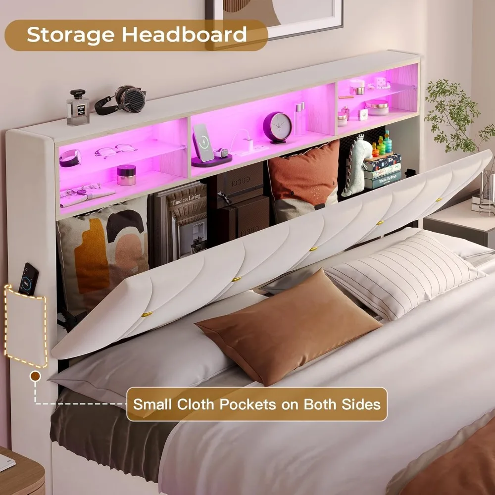 Bed Frame with Headboard Storage & LED Lights, Platform Beds with Charging Station, Velvet Upholstered Bed with Shelf Headboard