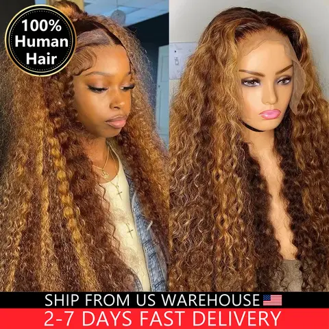 30 32 Inch Highlight Ombre Lace Frontal Wig Curly Human Hair Wigs 4/27 Colored 13x4 13X6 Deep Curly 4x4 5X5 Lace Closure Wigs