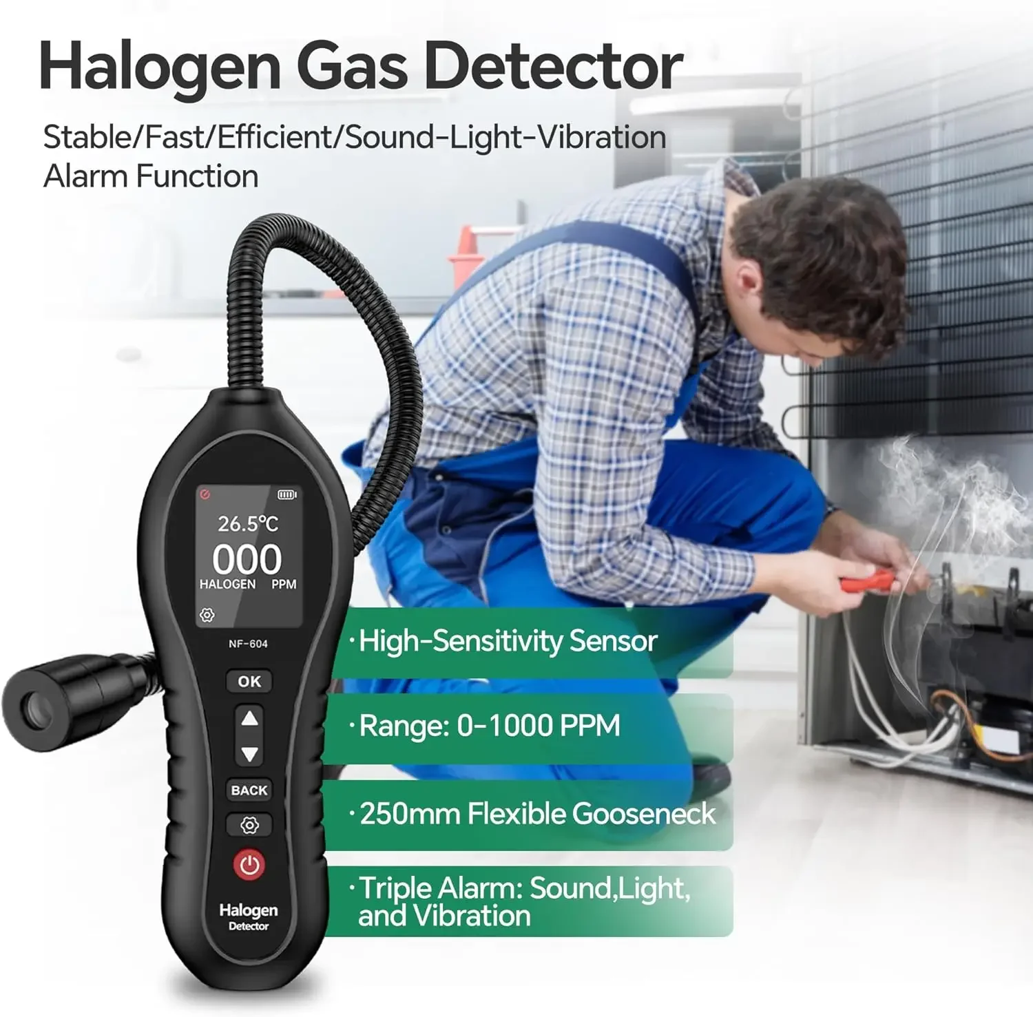 Detector de Fugas de Gas Halógeno de Alta Sensibilidad, Rango de 0-1000 ppm para Refrigerantes HVAC, Detecta CFCs, HCFCs, HFCs como R12, R22, R13
