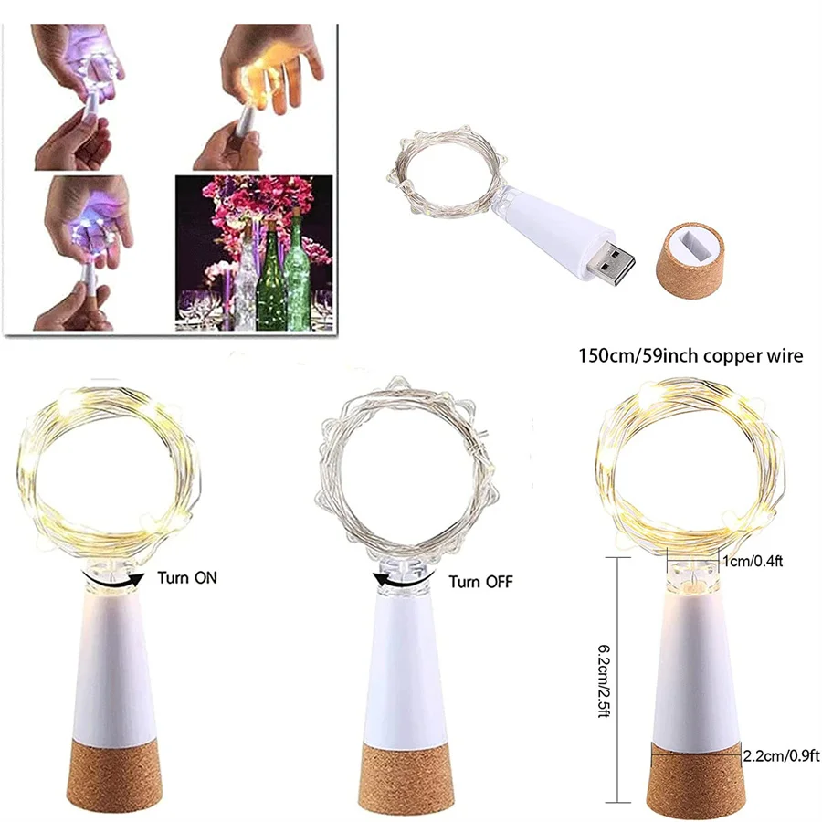 1PC 2M 20LED Wine Bottle Stopper Fairy Light USB Rechargeable Cork String Light Liquor Bottle Christmas Party Wedding Garland