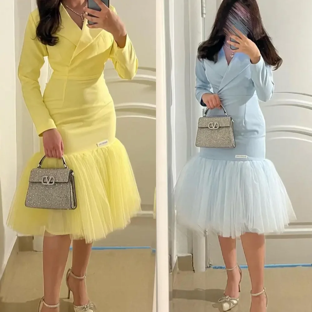 Lunghezza tè per occasioni su misura con scollo a V a sirena da sera formale drappeggiato Jiayigong personalizzato