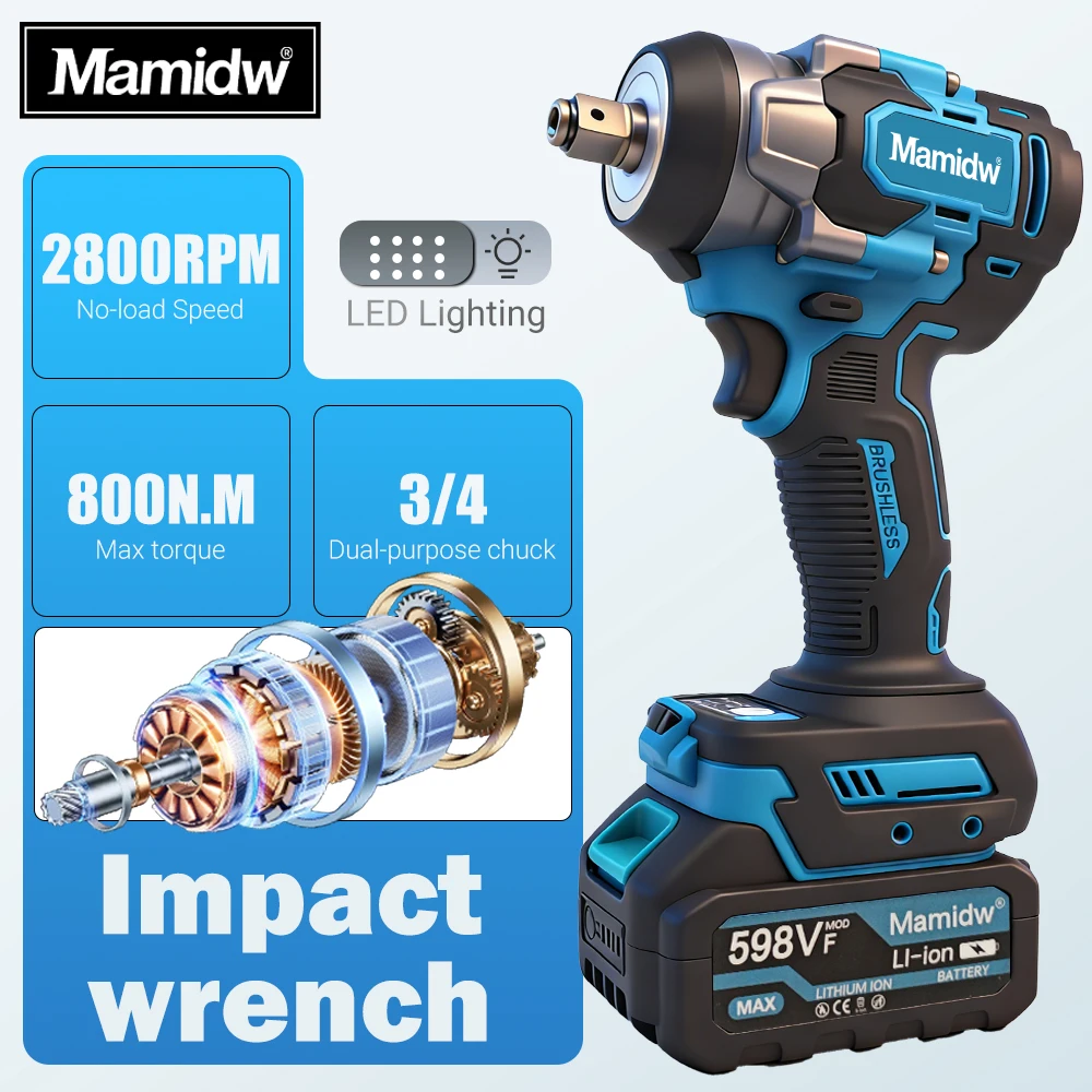 

Mamidw 800N.m Cordless Impact Wrench, Electric Wrench, Cordless High Power Shock bsorber for Car Repair, For Makita 18v Battery