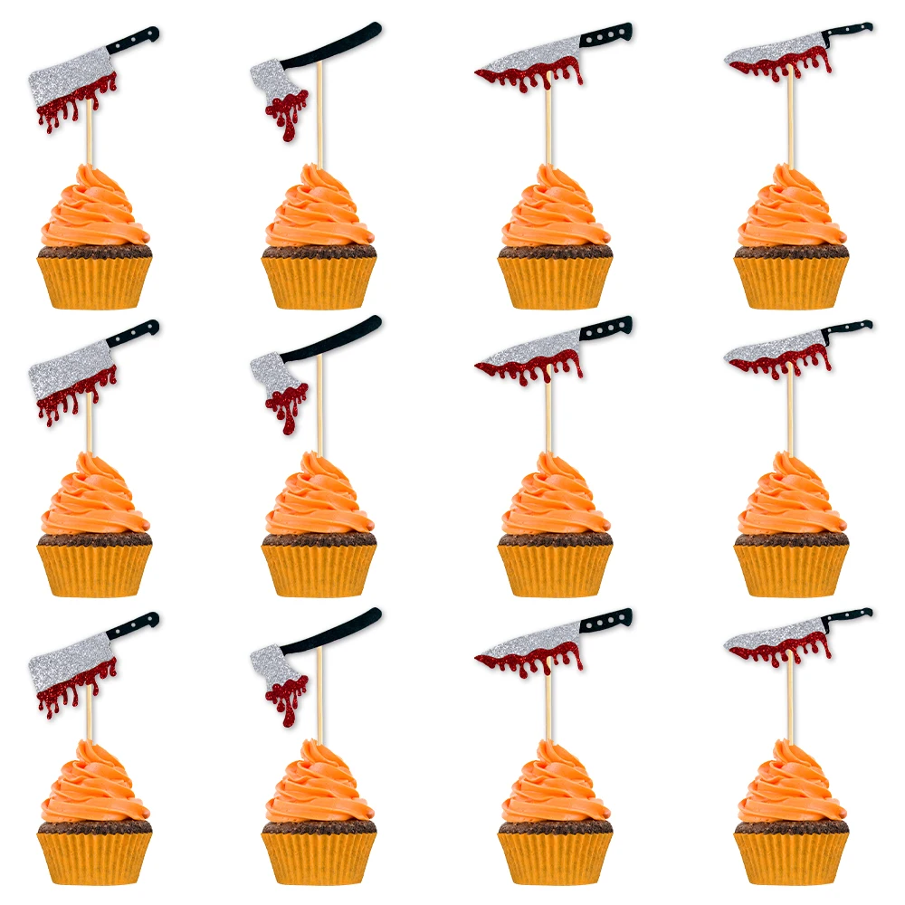 12/24pcs Glitter Bloodstain Knife Cupcake Topper Halloween Cake Decor Halloween Party Decoration food baking bread fruit picks