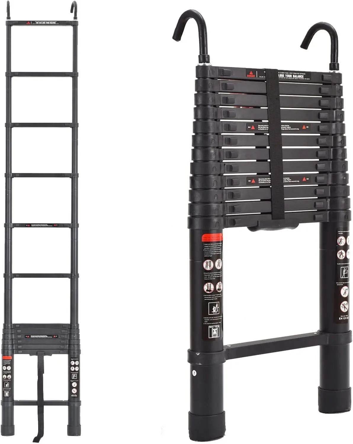 12.5ft Step Ladder Aluminum Telescoping Ladder with Detachable Roof Hooks, Black, 330lbs Load Capacity,