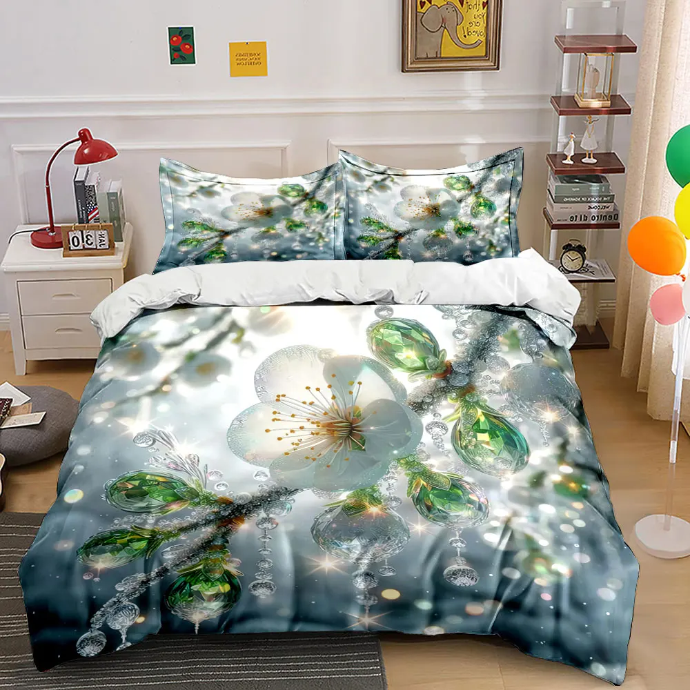 Crystal Flower Decor Set - Home Bedding Set with 1 Duvet Cover 2 Pillowcases Single Double King Queen, Gift